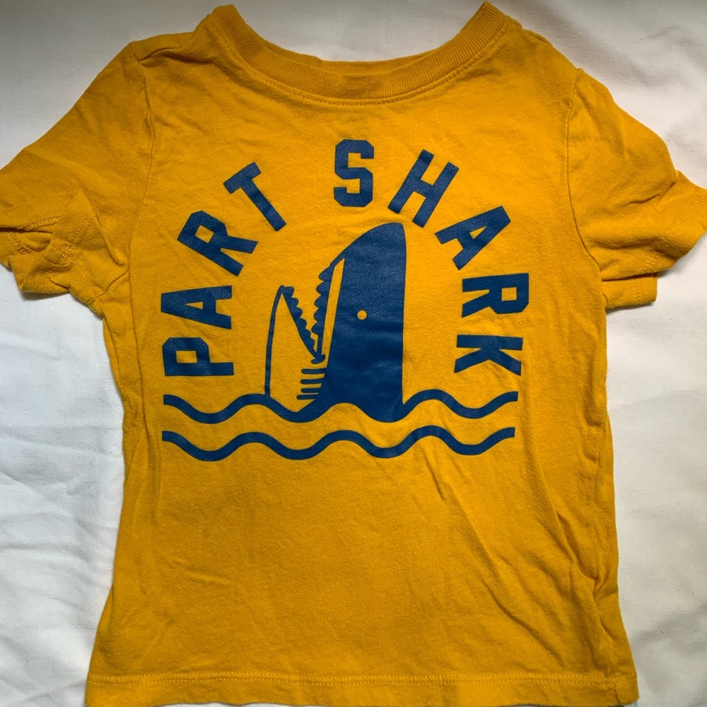 Sharks! Old Navy 3t. Yellow shirt. Blue design on chest